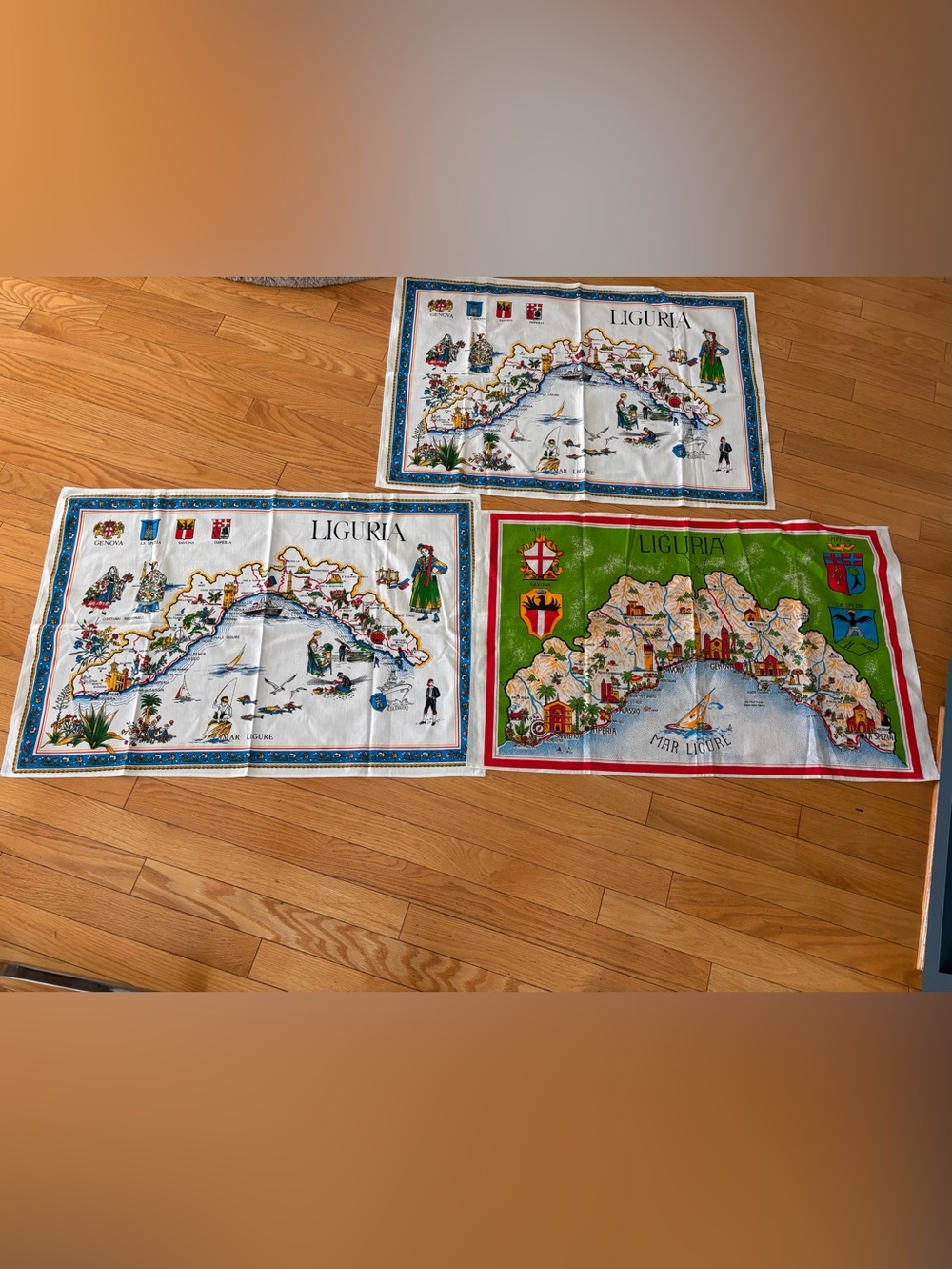 Set of 3 Liguria Map Tea Towels - White, Green, Blue Accents